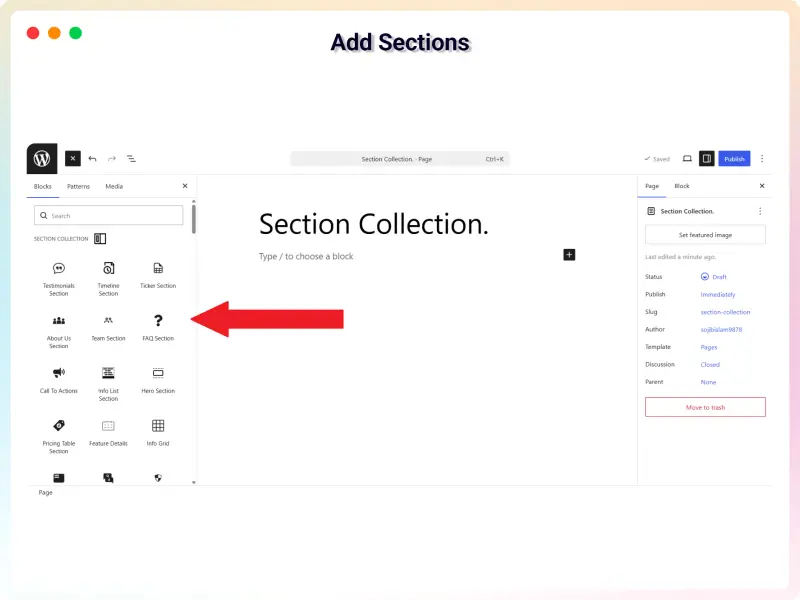 The block editor with the Section Collection library open