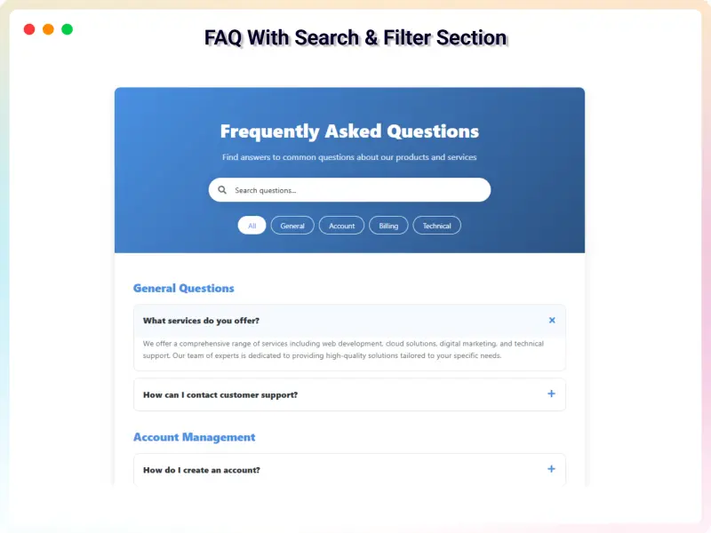 Preview of the FAQ with Search & Filter design