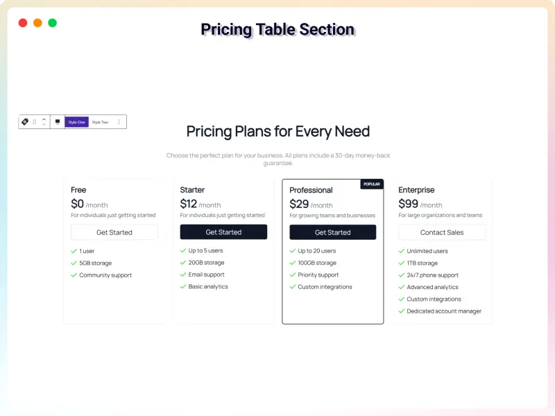 Preview of the Pricing Table design