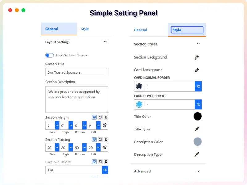 The settings panel with color, spacing and layout controls